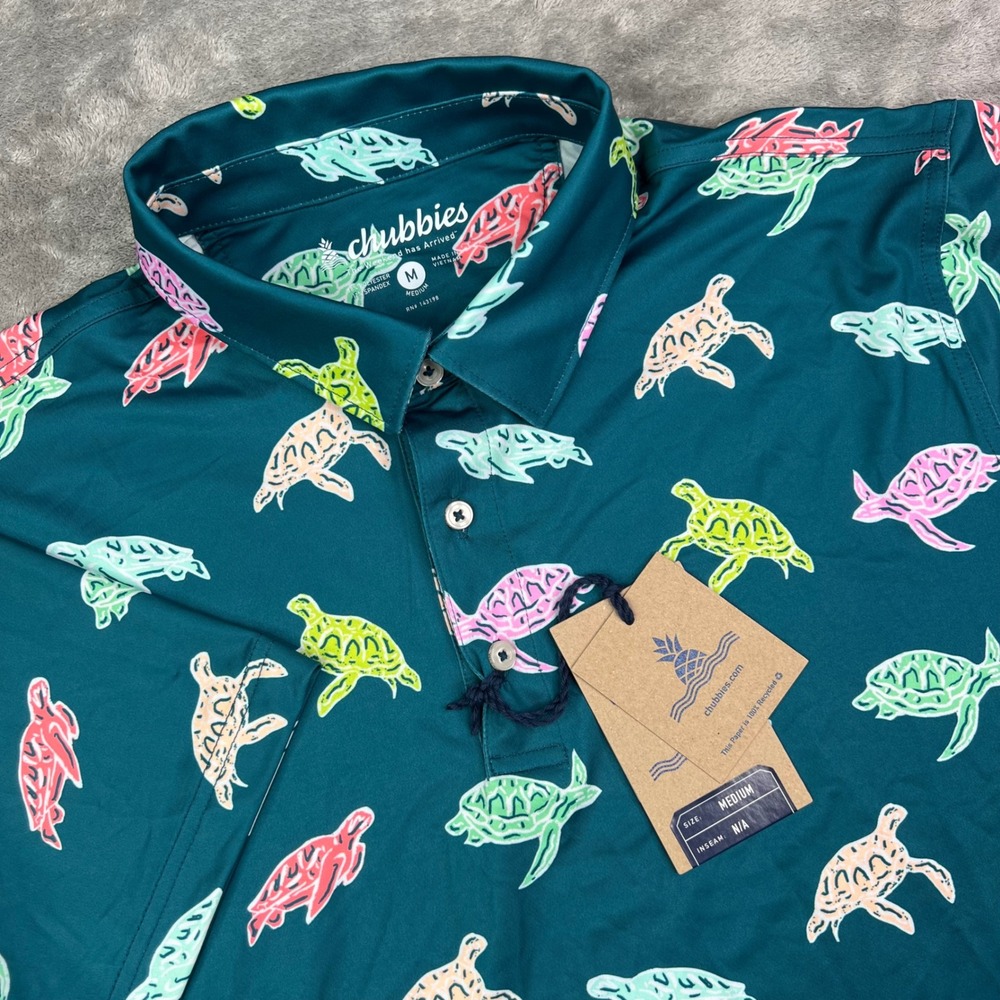 Chubbies The Turtally Awesome Polo Shirt Mens Medium Green Sea Turtle Stretch